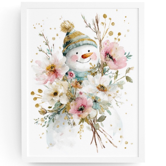 Creative Path Studios Other - Watercolor Snowman Adorned with Flowers Portrait Wall Art Print Poster, Unframed